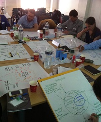 Photograph of flow diagrams being produced at in-house uncertainty workshop, July 2013